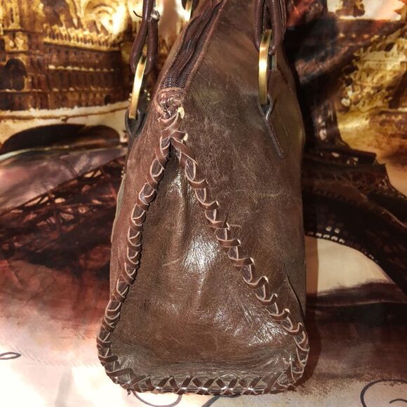 Worthington Chocolate Brown Genuine Leather Satchel Sewn Edges Twisted Handles - Picture 4 of 16